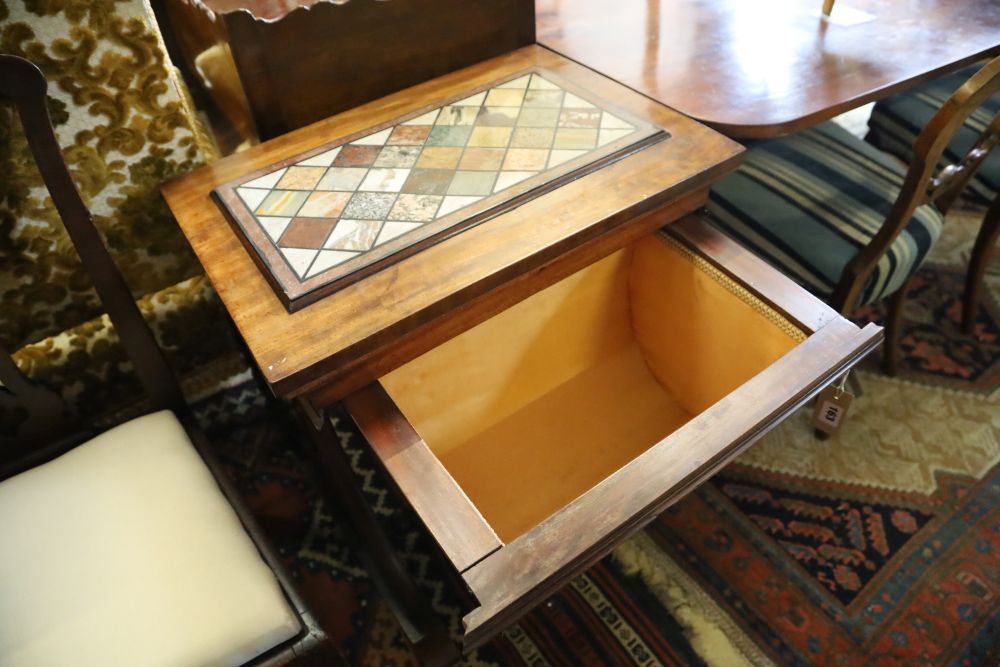 A Victorian mahogany work table with specimen marble top, width 45cm, depth 74cm